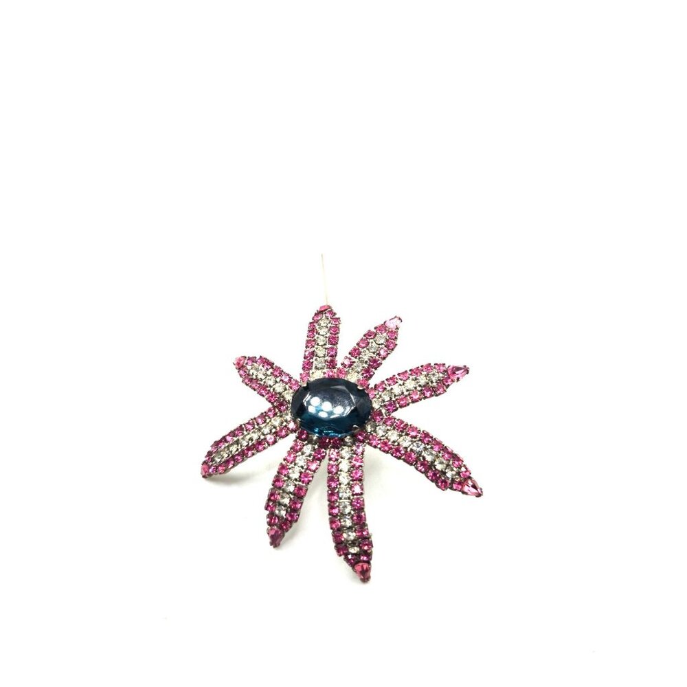 Large 1930s Art Deco Czech Pink Rhinestone Brooch w/ Blue Crystal Center 3"